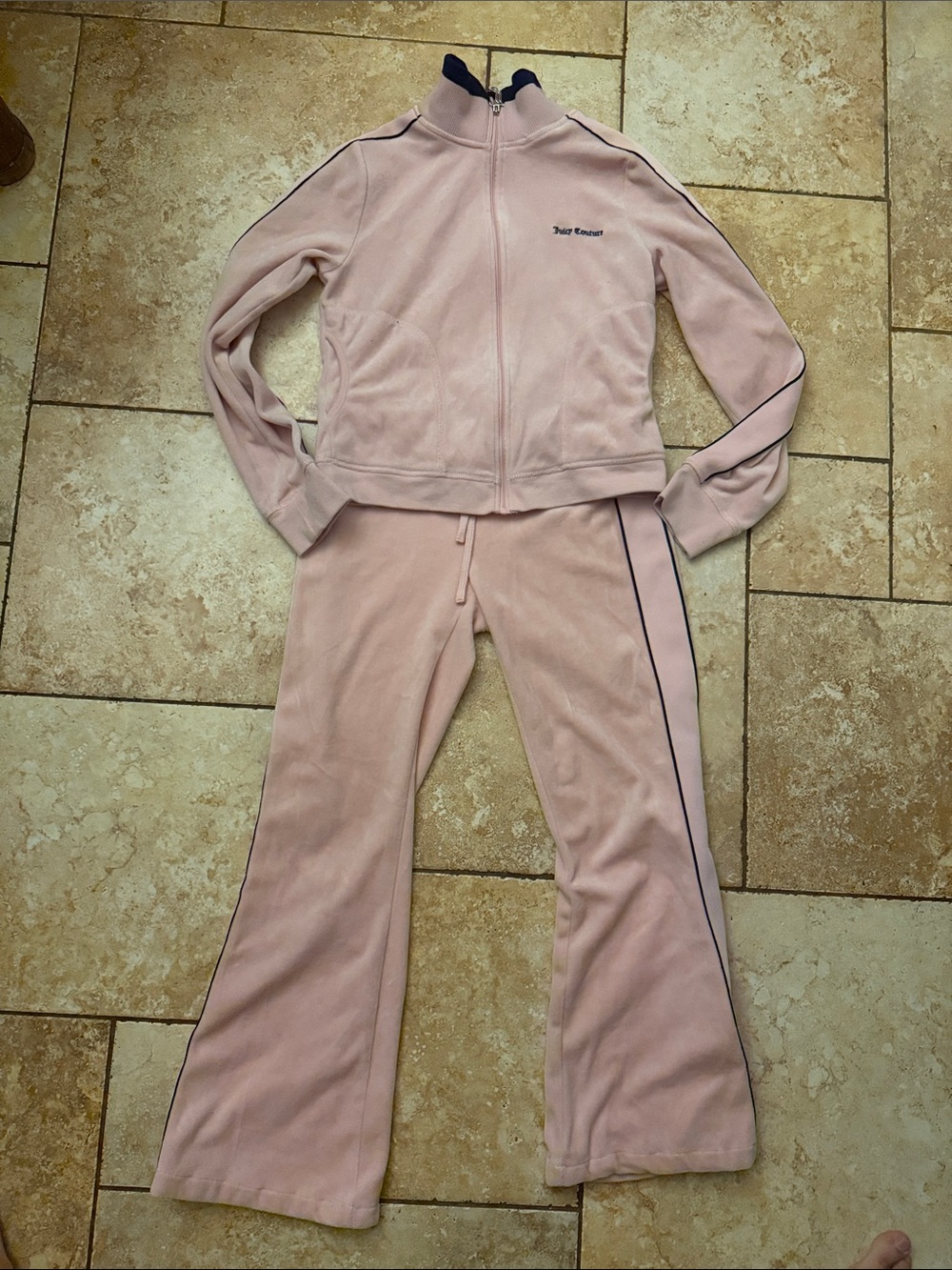 Juicy Couture Light Pink Velour Bootcut Track Pants with Navy Piping